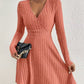 Elegant Long-sleeved Solid-color V-neck Waist-cinching Dress