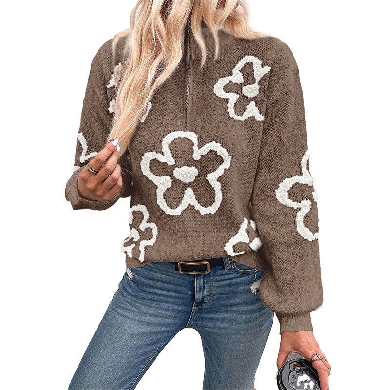Women's Half-cardigan Zipper Pullover Flower Jacquard Sweater Top