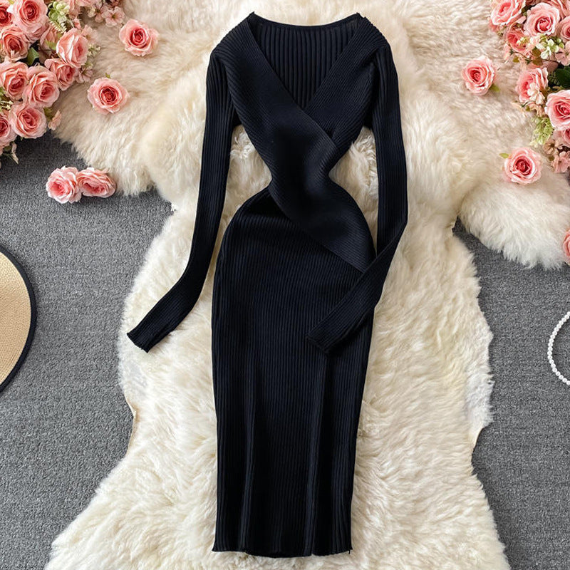 Retro Deep V-neck Knitted Dress