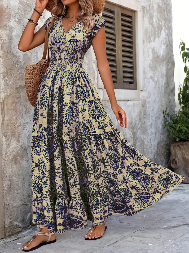 Stylish And Elegant V-neck Short-sleeve Vintage-print Dress