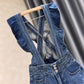 New Womens Blue Denim Suspender Shorts