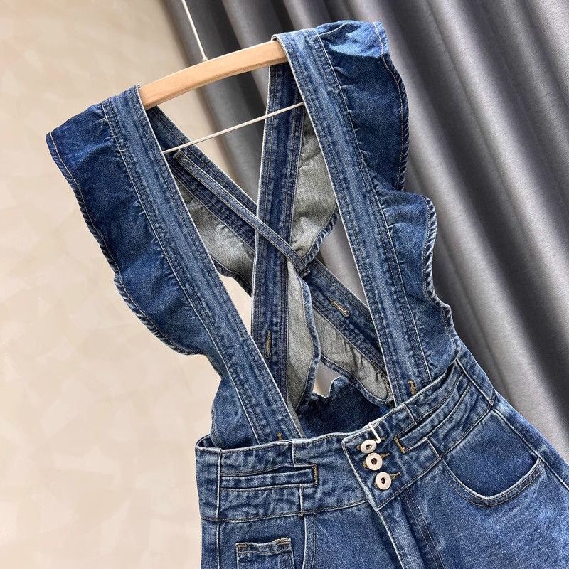New Womens Blue Denim Suspender Shorts