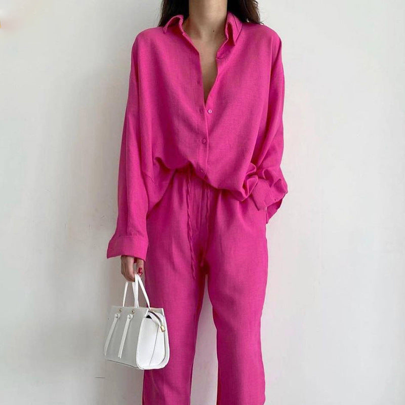 Ensemble deux pièces haut à manches longues et pantalon droit de couleur unie