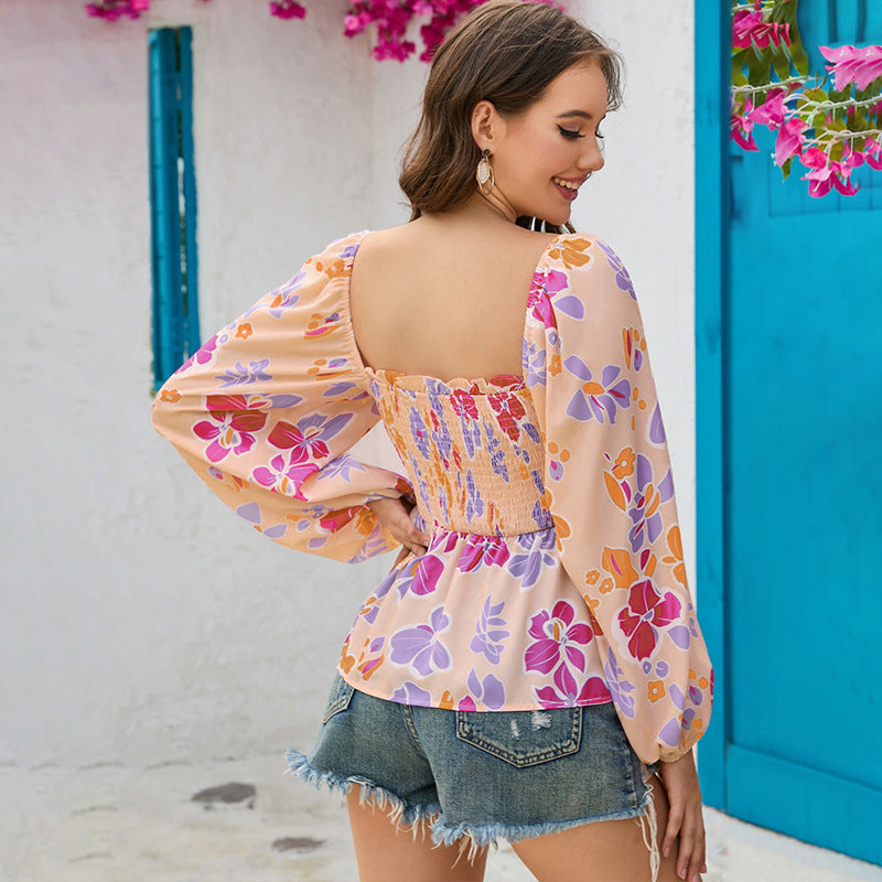 Chemise en mousseline à manches longues pour femme, col carré, imprimé floral, manches lanternes