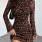 Womens Leopard Print Crew Neck Long Sleeve Dress