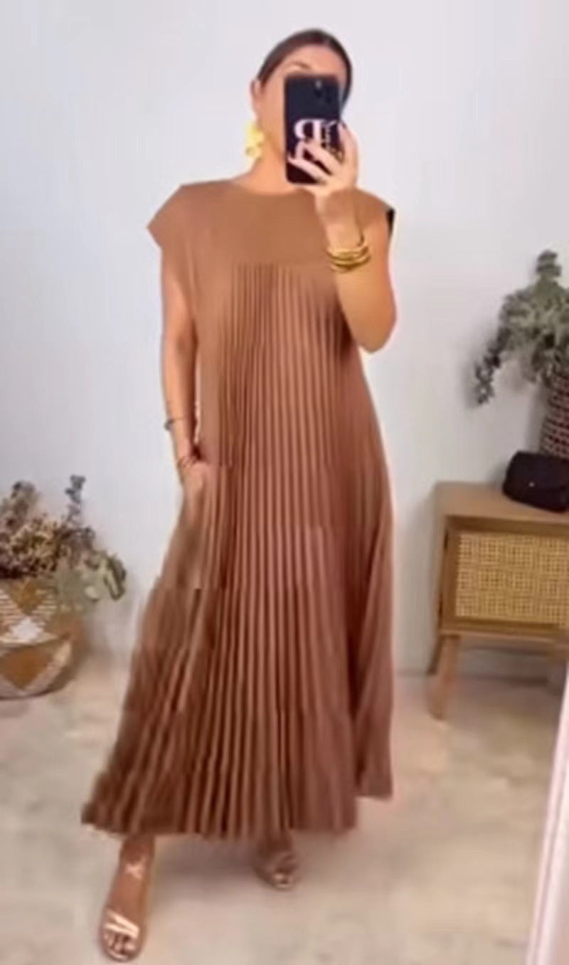 Robe longue plissée à manches courtes et col rond pour femme