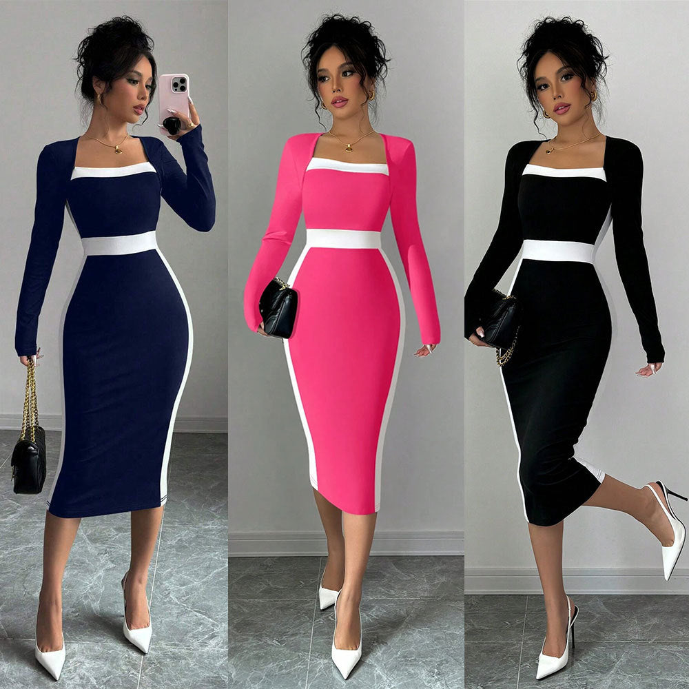 Women's Patchwork Color-block Long-sleeve Bodycon Dress