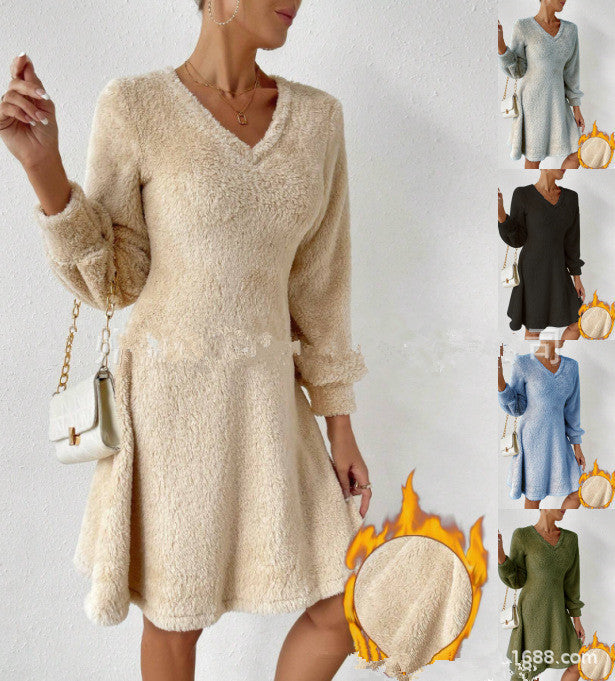 Women's Autumn And Winter Thickened Double-sided Plush V-neck Slimming Dress Pajamas