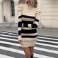 Casual Waist-Cinched Slim-Fit Two-Tone Striped Contrast-Color Sweater Dress For Women
