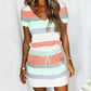 Striped Print Short-sleeved Dresses Summer Fashion V-neck Drawstring Design Short Dress Beach Womens Clothing