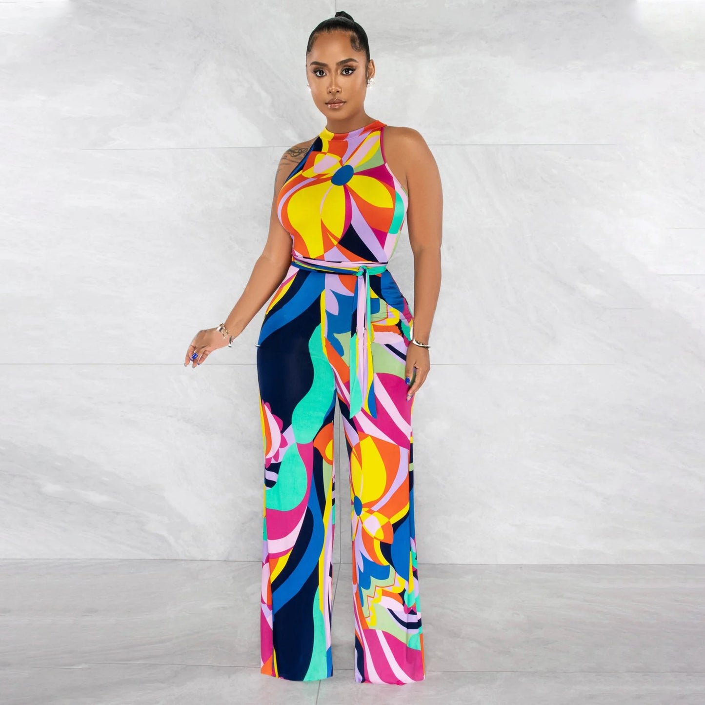 Women's Printed Sleeveless Lace-up Jumpsuit Trousers