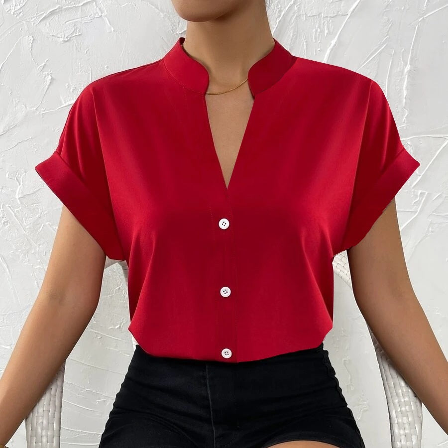 Women's Simple Solid Color And V-neck Button Cardigan Shirt