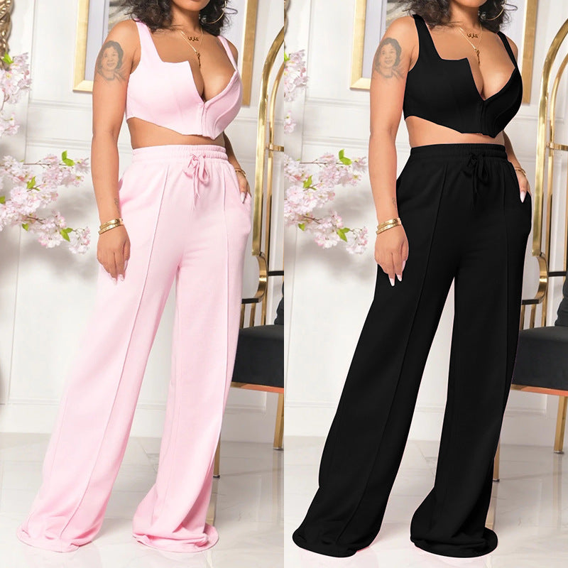 Ensemble deux pièces pour femmes européennes et américaines, haut sexy de couleur unie, pantalon ample à jambes larges