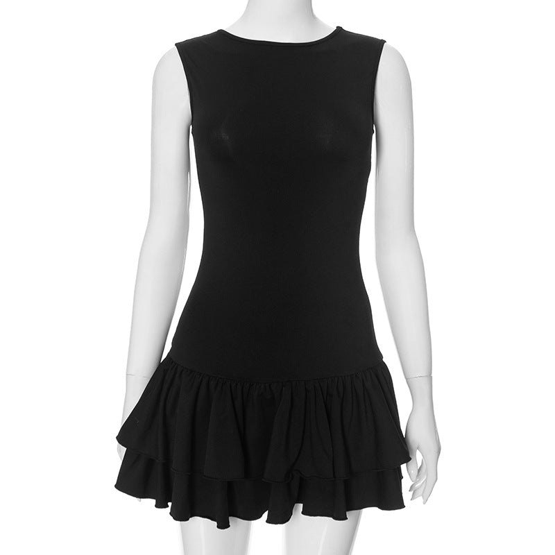 Contrast Color Round Neck Sleeveless Lace Fashion Short Dress Women