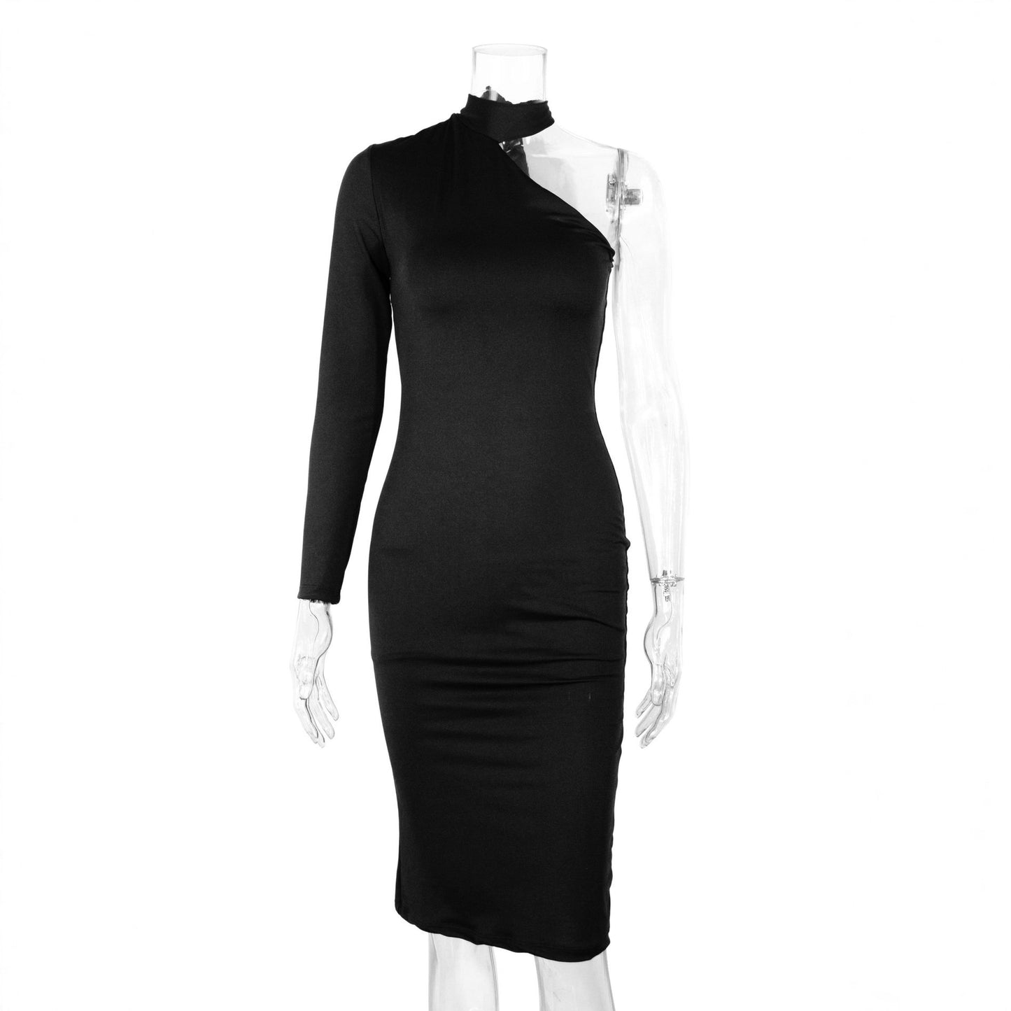 Womens One-shoulder Long-sleeve Dress With A Slash Neckline And Halter Neck