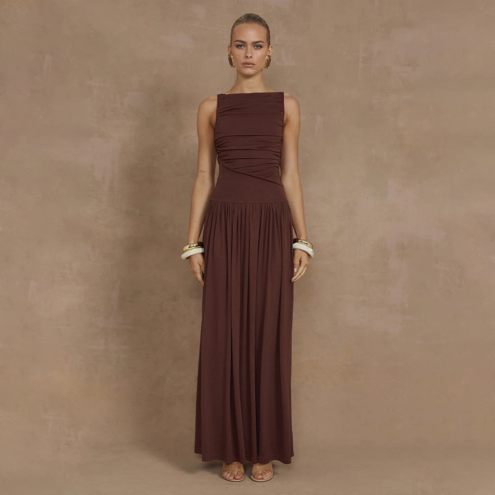 Sleeveless Pleated Slim Solid Color Dress