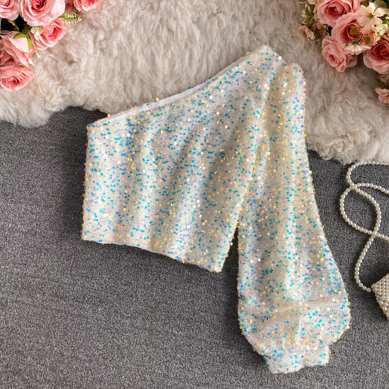 Slim-fit All-matching Short Glitter T-shirt Long Sleeve Top