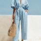 Fashionable V-Neck Solid Color Cotton-Linen Jumpsuit For Women