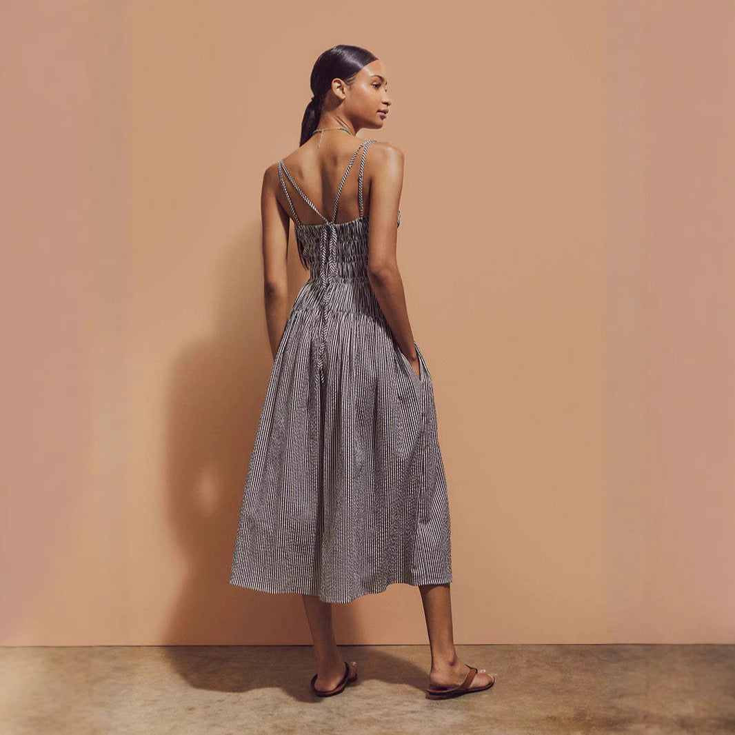 Sleeveless Pleated Striped Spaghetti Straps A- Line Skirt Dress Women