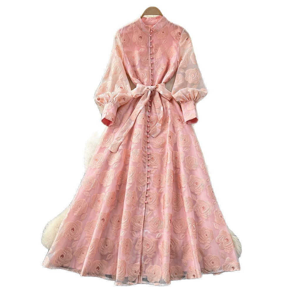 French Romantic Style Stand Collar Lantern Sleeve Heavy Embroidery Dress