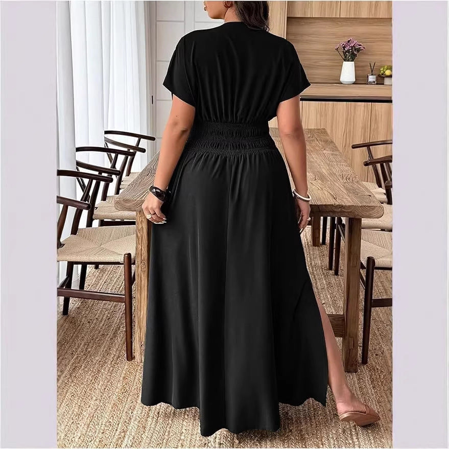 V-neck Short-sleeve Loose-fitting High-waisted Pleated Maxi Dress With A Slit