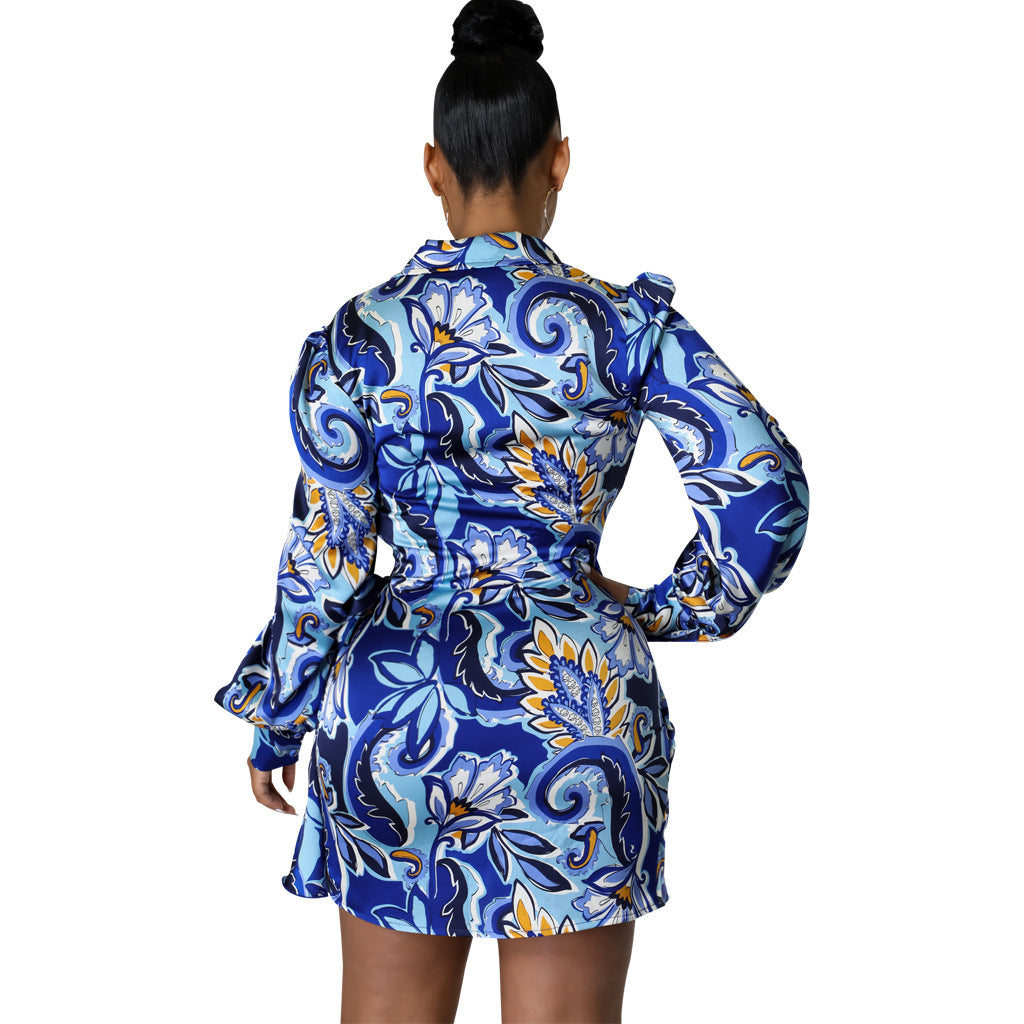 Digital Printed V-neck Women's Slim Fit Dress