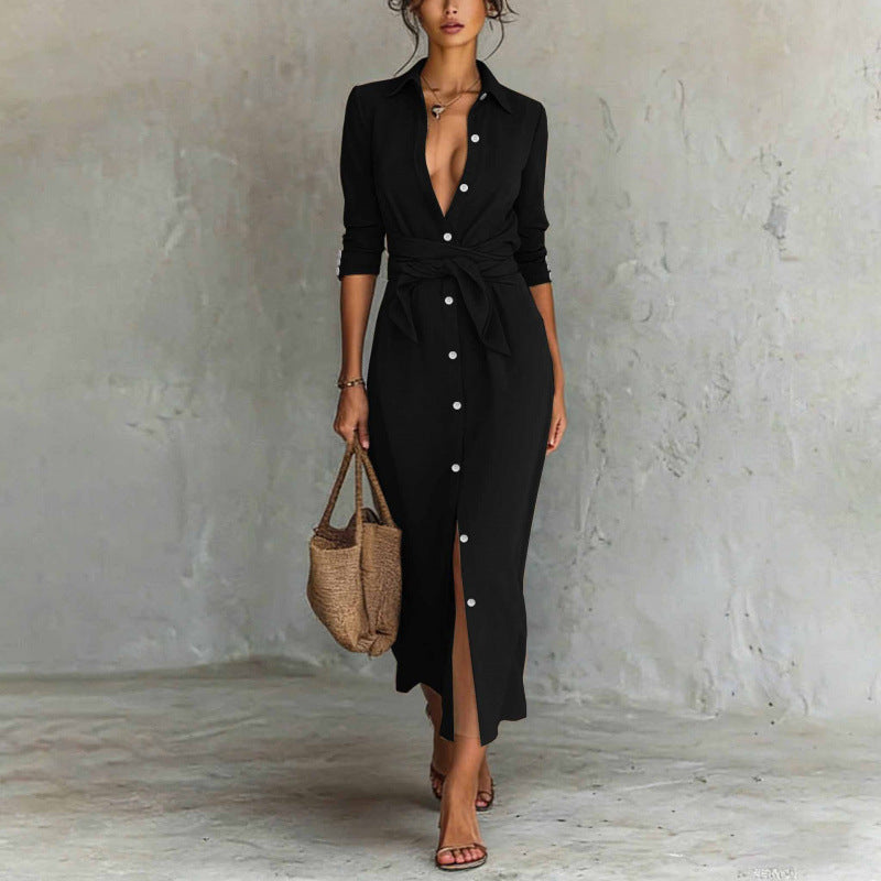 Elegant Casual Lace-Up Button-Down Shirt Dress New Arrival