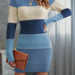 Autumn And Winter Round Neck Long Knitted European And American Color Matching Thread Fitted Dress