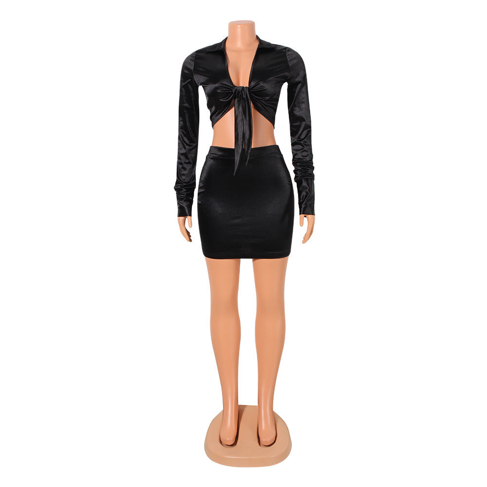 Ensemble deux pièces sexy et moulant à manches longues et jupe courte pour femme