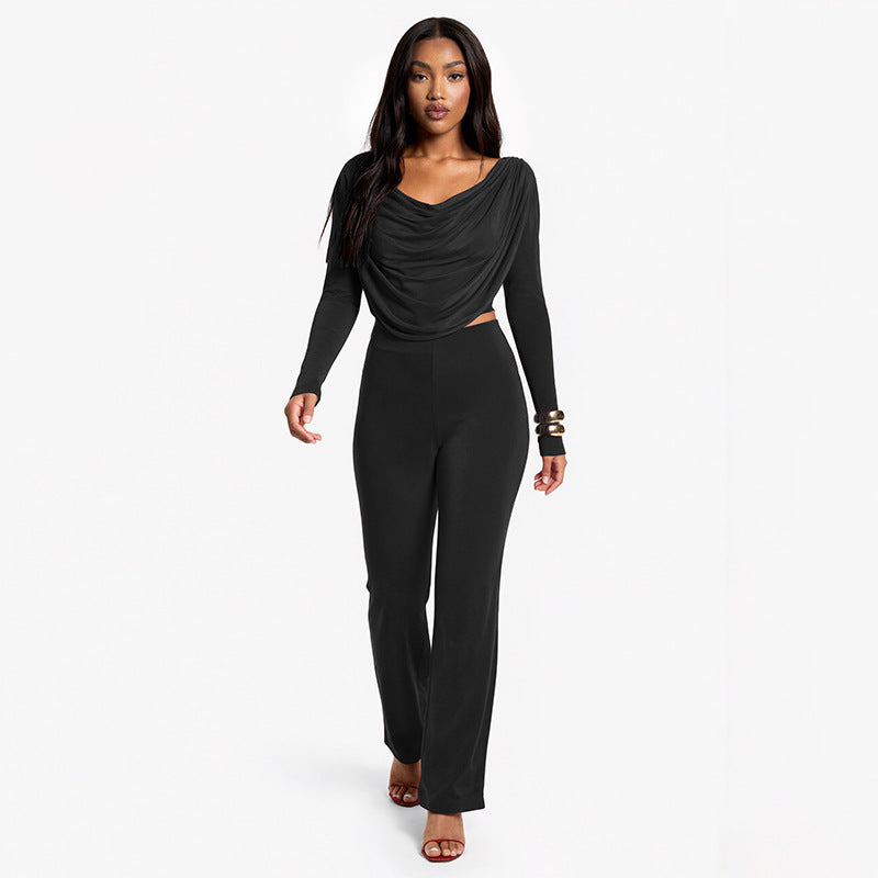 Solid-color Casual Boat-neck Long-sleeve Top And Slim-fit Pants Set