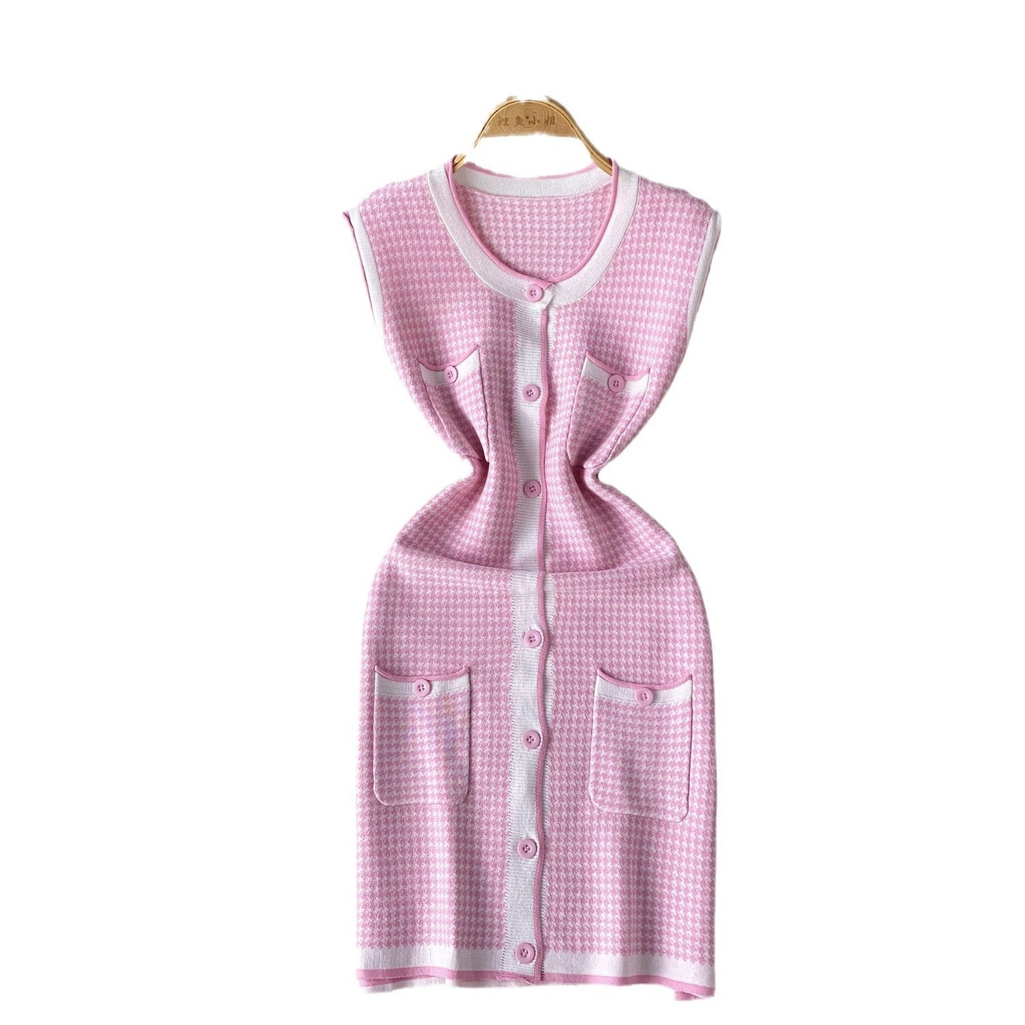 Light Luxury Gold Style Sleeveless Plaid Knitted Dress