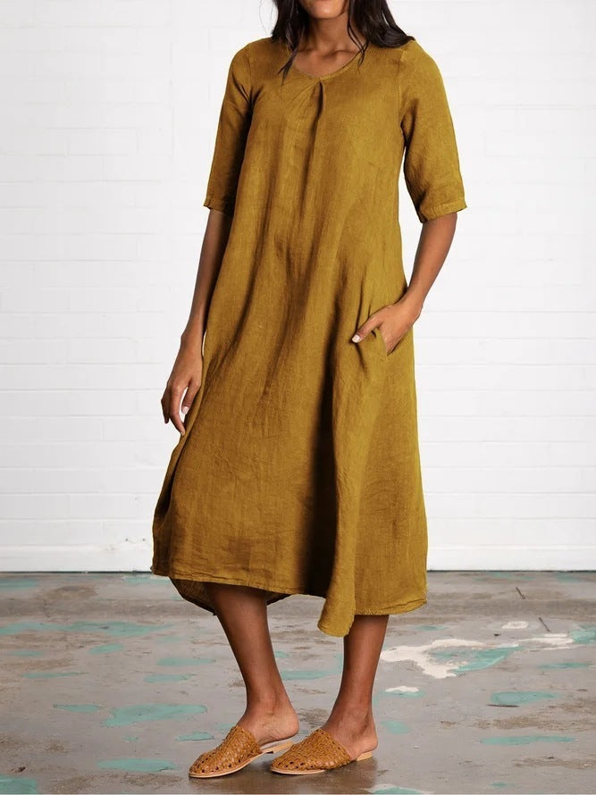 Round Neck Half Sleeve Long Solid Color Casual Cotton And Linen Dress