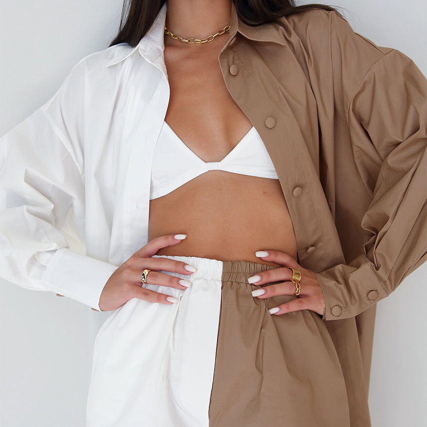 Contrast Color Long Sleeve Shirt Shorts Two-Piece Set