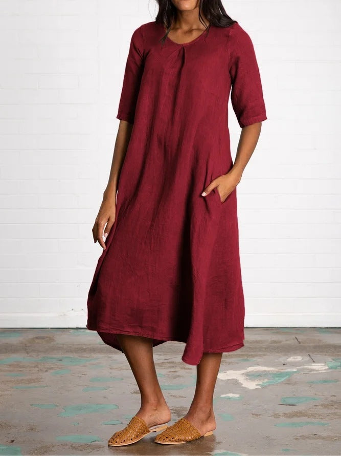 Round Neck Half Sleeve Long Solid Color Casual Cotton And Linen Dress