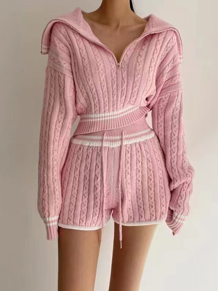 Ensemble pull-short en maille torsadée tendance
