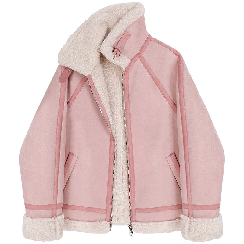 Women's Loose Faux Lamb Wool Motorcycle Jacket