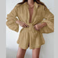 Women's Casual Fashion Pure Color Ruffles Shorts Long-sleeve Suit