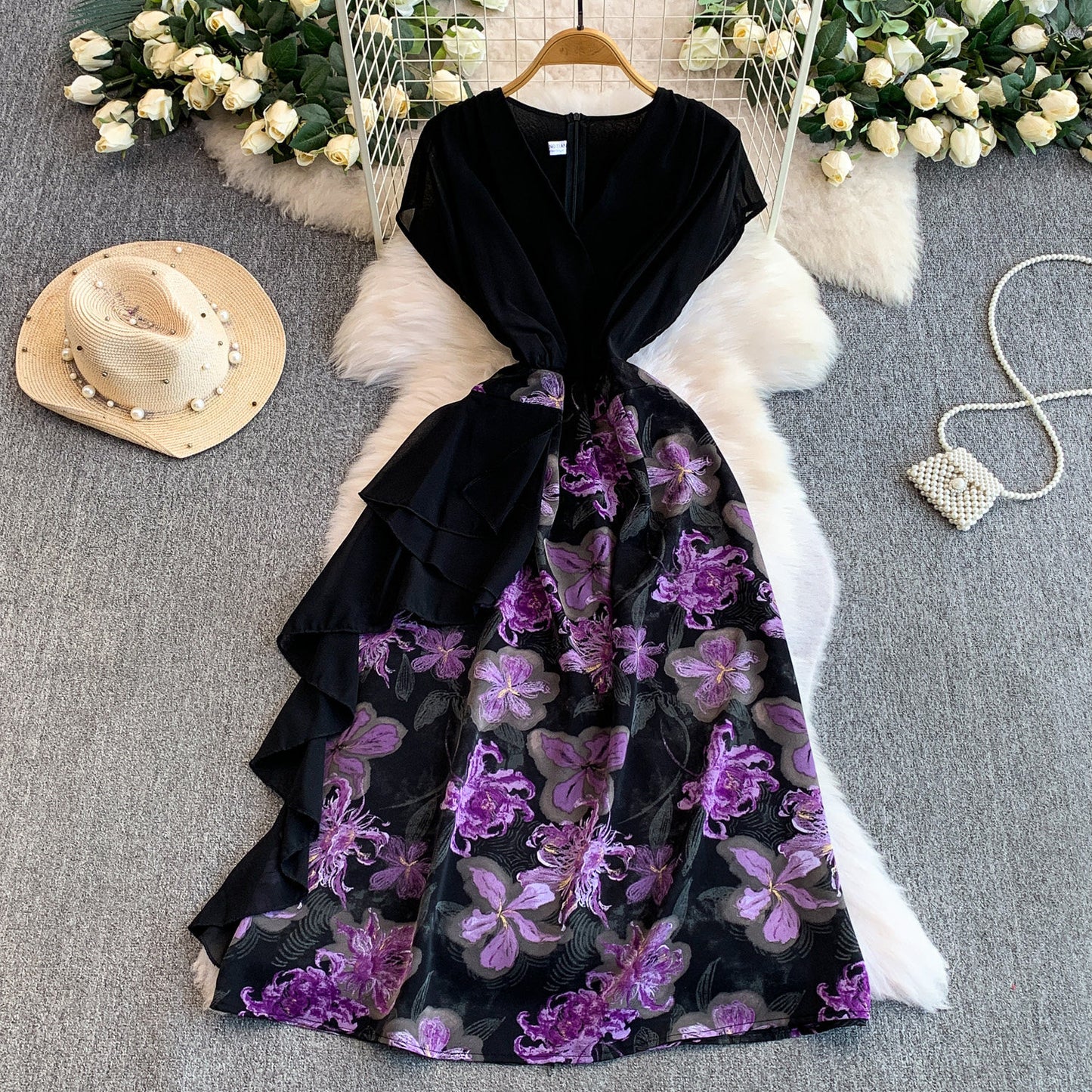 Womens Floral Print V Neck Dress With Ruffled Hem