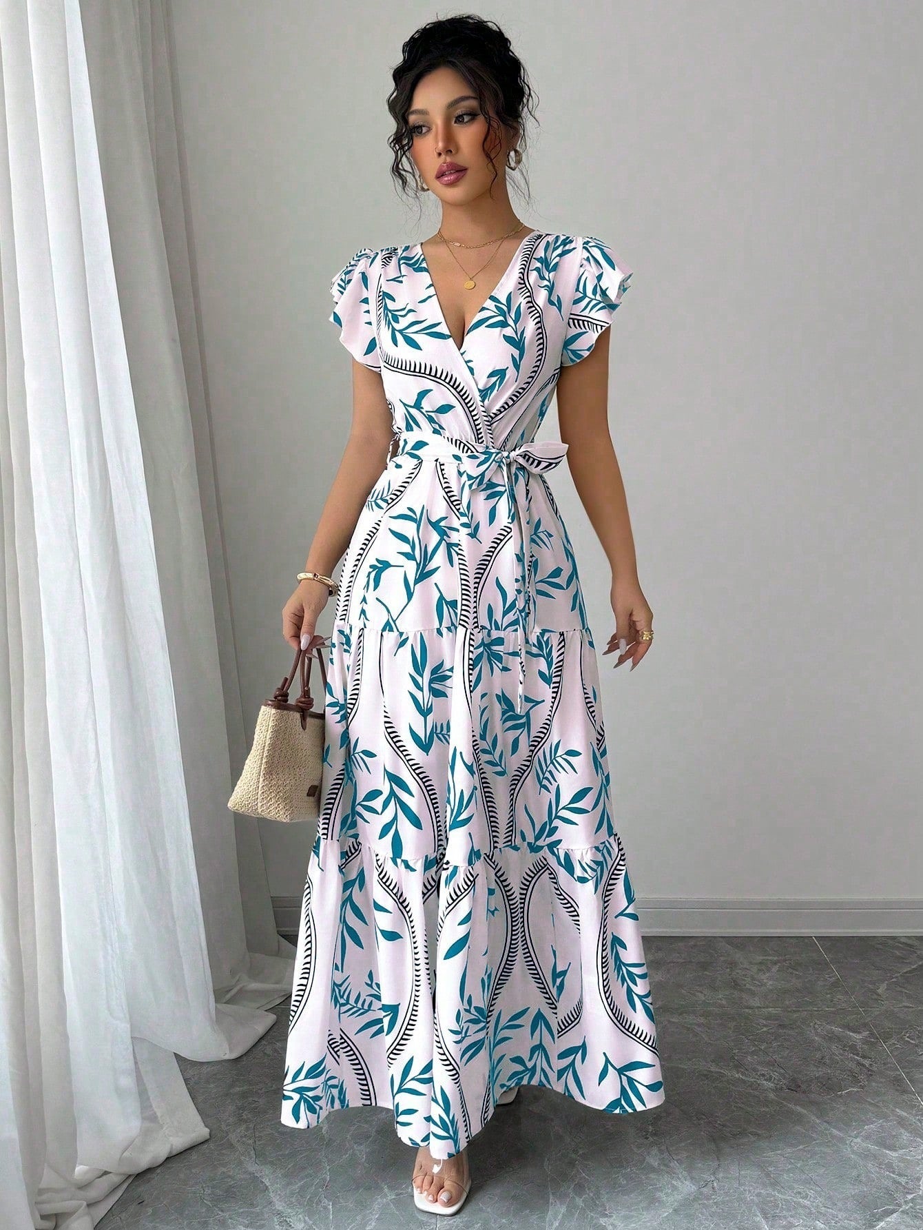 Lace-up Floral Short-sleeve Frilly Elegant A-line Skirt