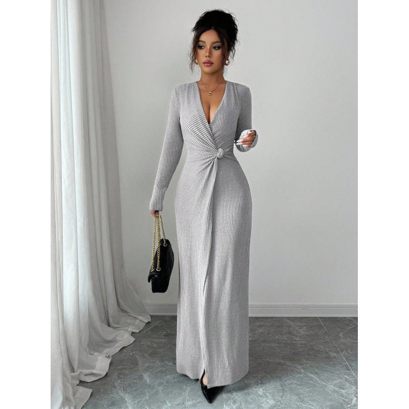 Elegant V-neck Knitted Twist Wrap Bodycon Dress For Women