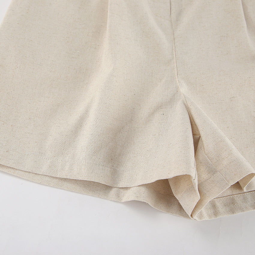 Combinaison décontractée taille haute en coton et lin à la française