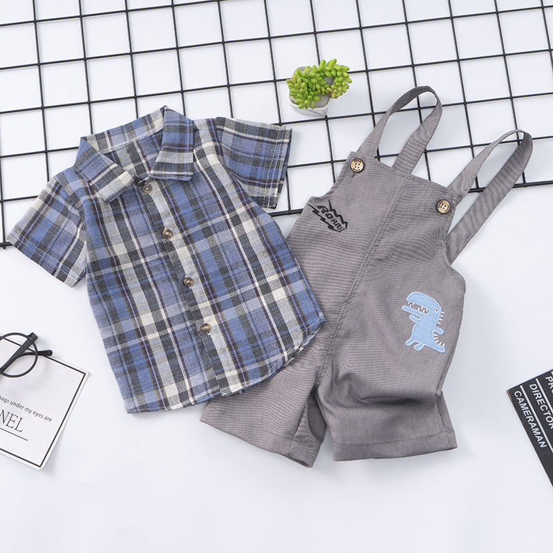 Summer Children's Suit Cotton Plaid Shirt Suspender Pants Two-piece Suit