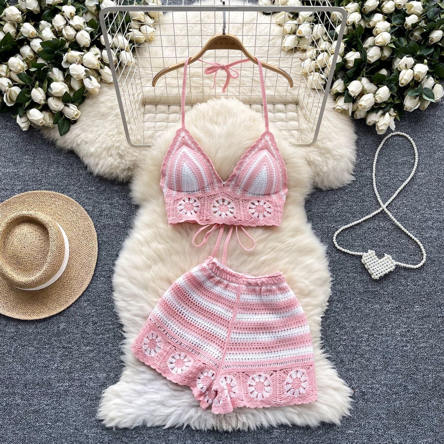 Cutout Crocheted Halter Strap Vest High Waist Knit Shorts