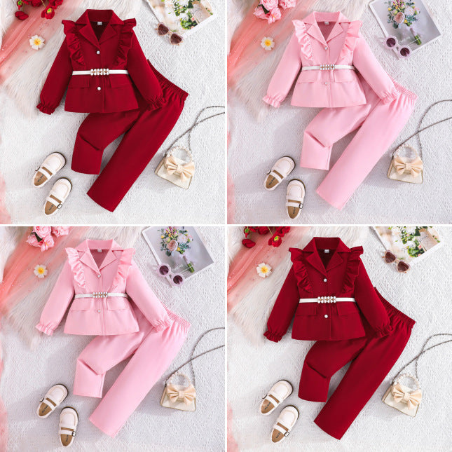 Girls' Long-sleeved White Belt Top Ruffled Blazer Trousers Three Pieces
