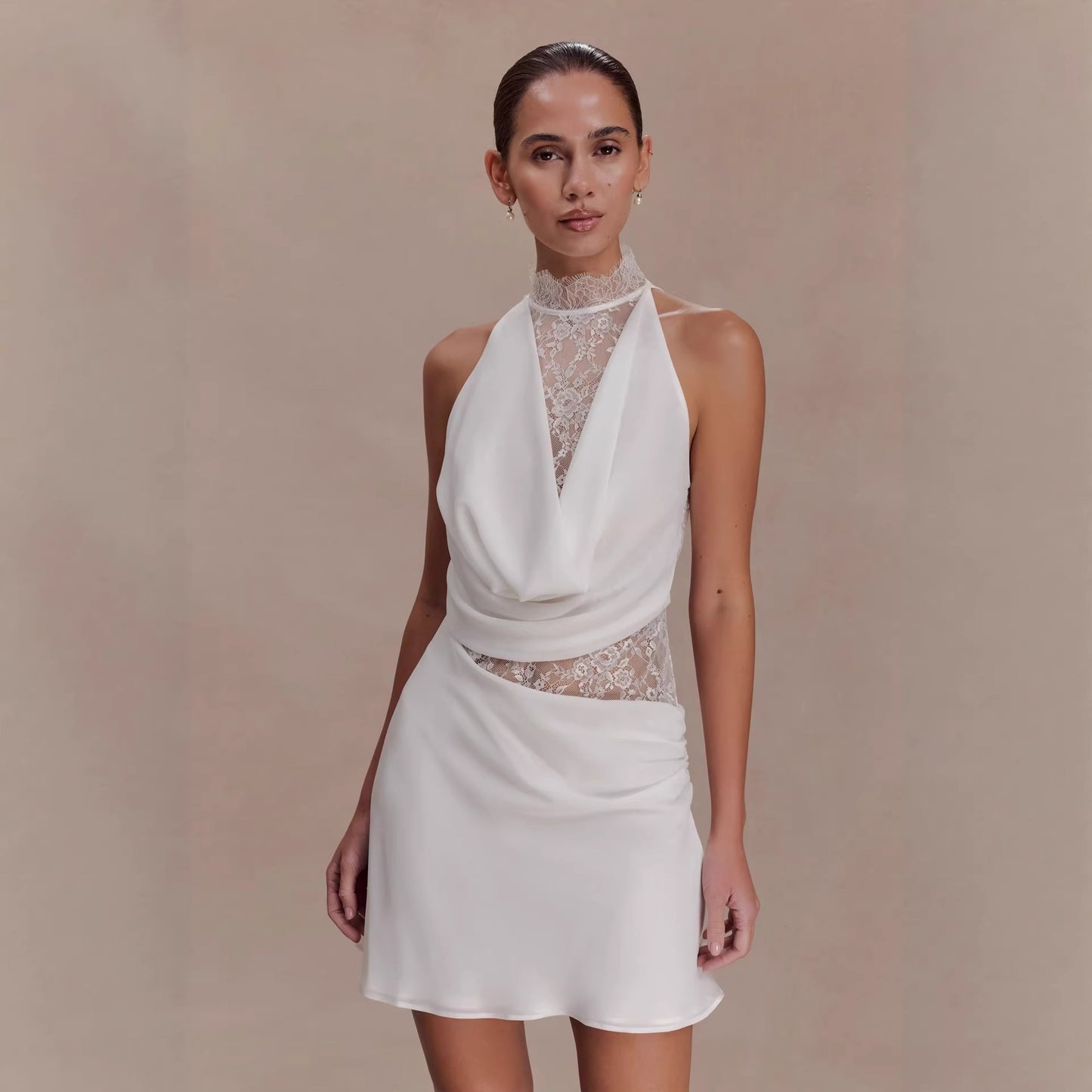 New Neck-hanging Lace-spliced Satin Dress Short Skirt