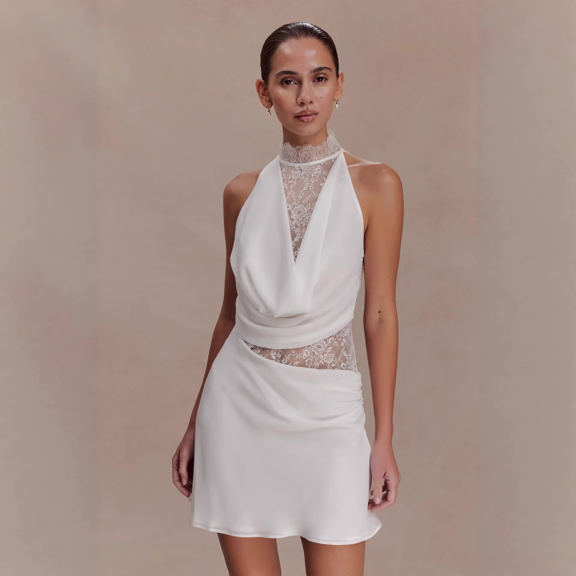 New Neck-hanging Lace-spliced Satin Dress Short Skirt