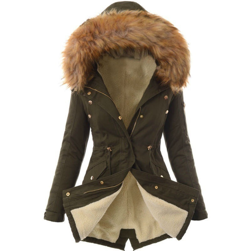 Pure Color Hooded Slim Warm Zipper Jacket Women Padded Coat