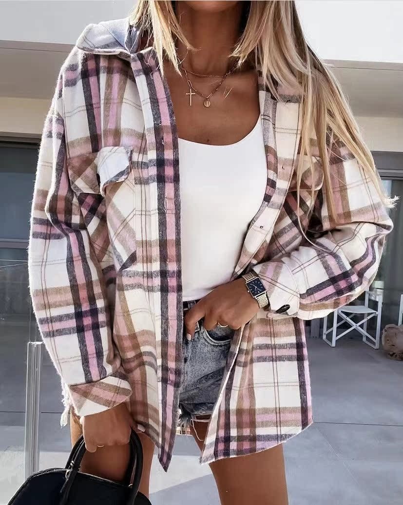 Women's Fashion Hooded Woolen Plaid Coat
