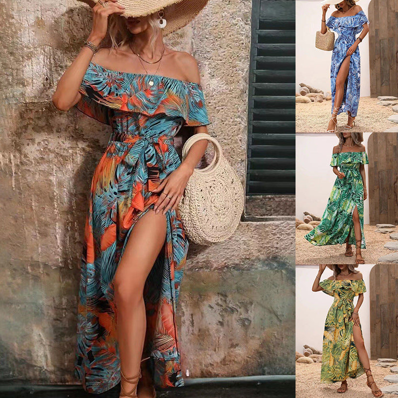 Women's Off-neck Ruffled Tied Waist Dress
