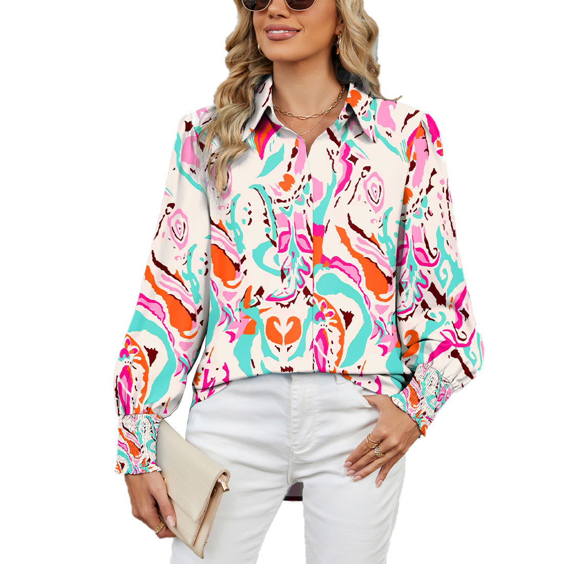 Printed Top Lapel Lantern Sleeve Shirt
